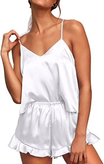 Women's Sexy Silk Satin Ruffled Pajamas Sets Cami Shorts Sets